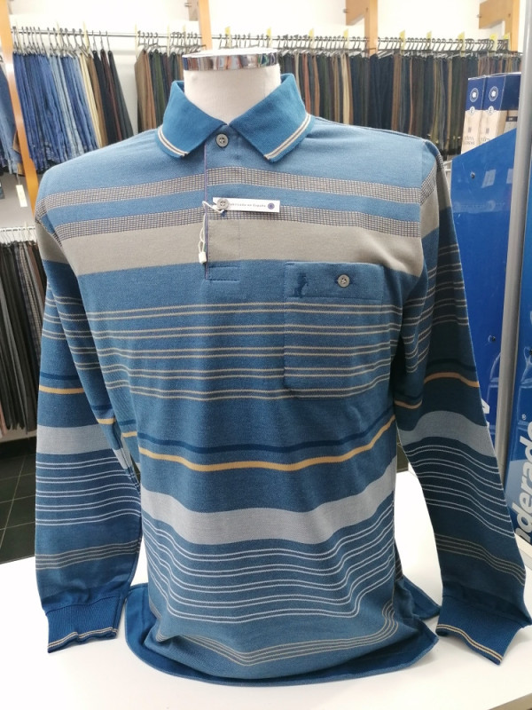 Polo premium caballero manga larga azul y taupe